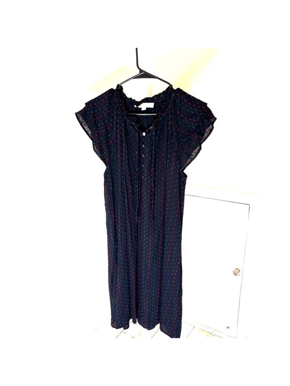 Loft EUC Women's Black Flutter Sleeve Blue Red Swiss Dot A-Line Dress Size S